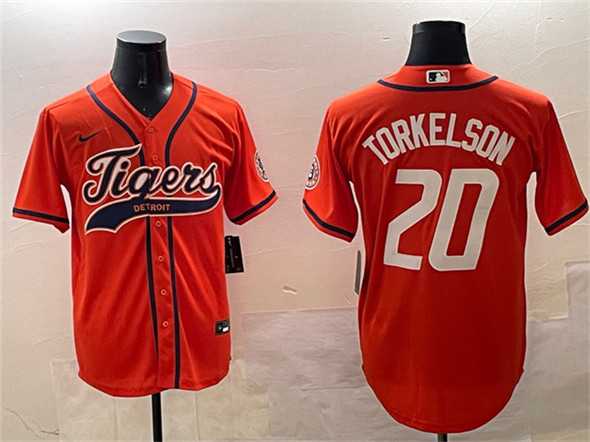 Mens Detroit Tigers #20 Spencer Torkelson Orange With Patch Cool Base Stitched Jersey